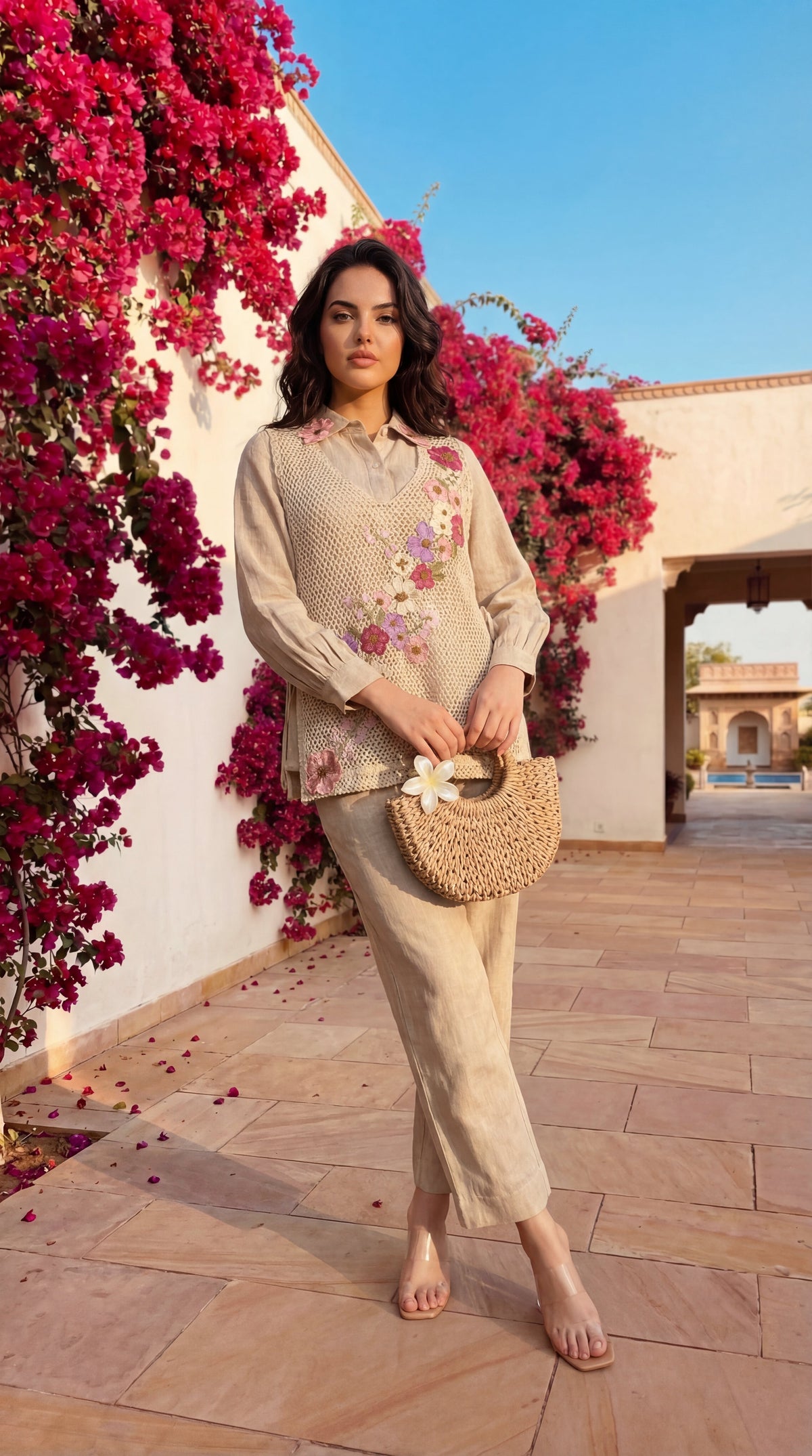 SHEFALI FLOWER JUTE COTTON SHIRT WITH COVERUP 3 PIECE CO-ORD SET