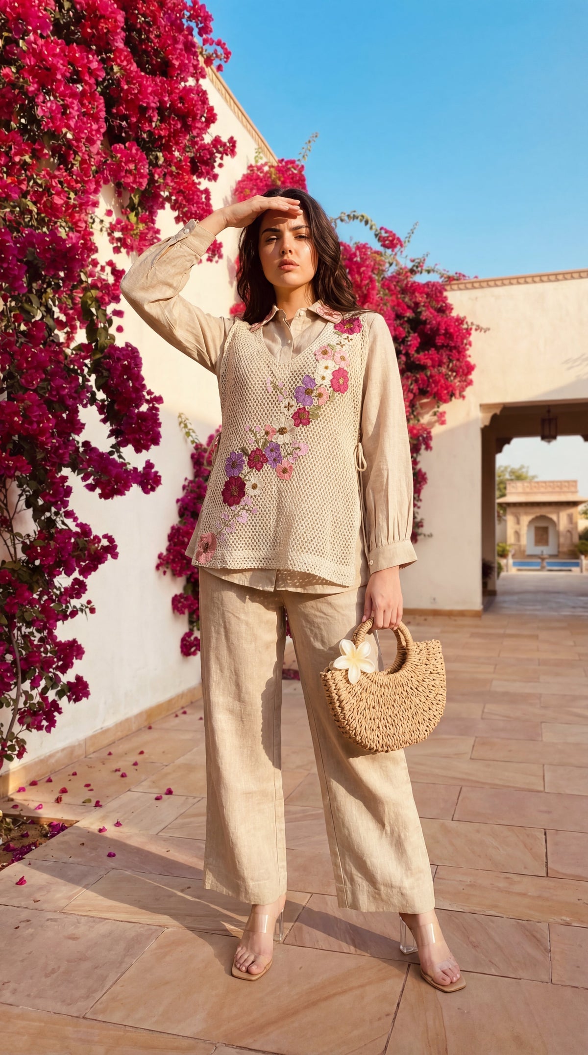 SHEFALI FLOWER JUTE COTTON SHIRT WITH COVERUP 3 PIECE CO-ORD SET
