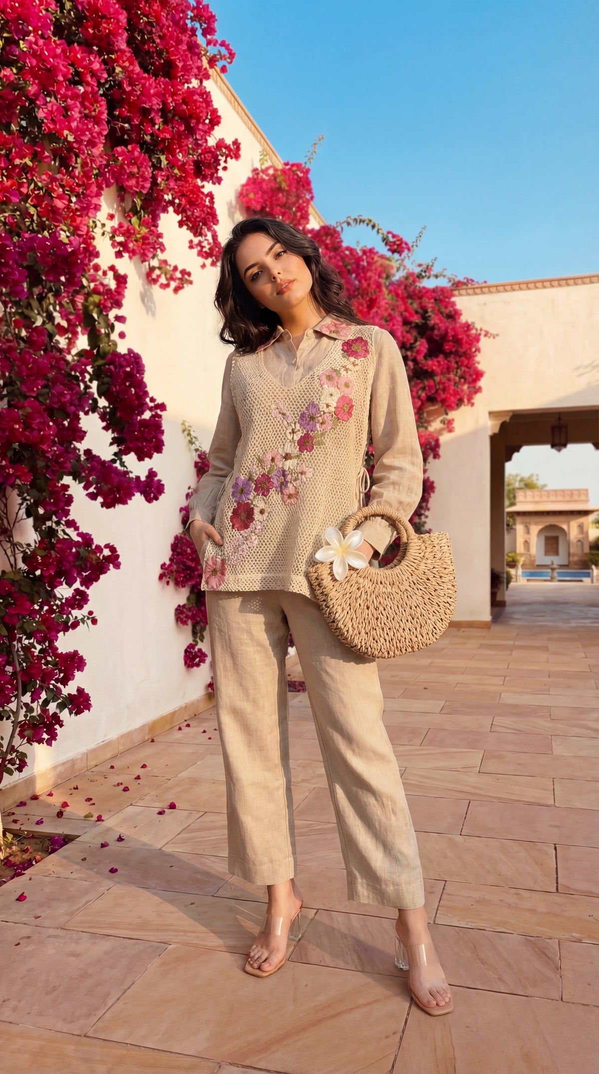 SHEFALI FLOWER JUTE COTTON SHIRT WITH COVERUP 3 PIECE CO-ORD SET