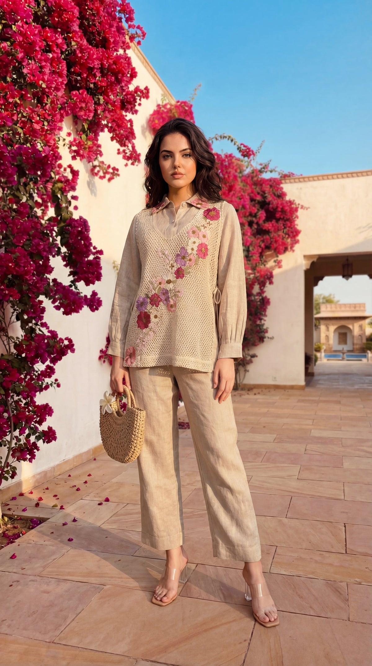 SHEFALI FLOWER JUTE COTTON SHIRT WITH COVERUP 3 PIECE CO-ORD SET
