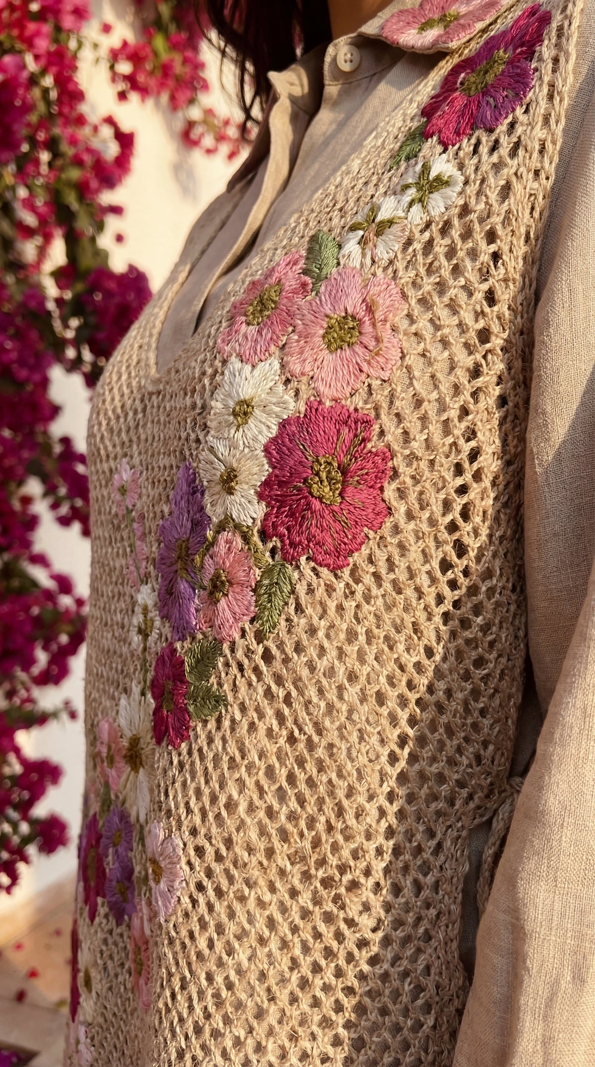 SHEFALI FLOWER JUTE COTTON SHIRT WITH COVERUP 3 PIECE CO-ORD SET