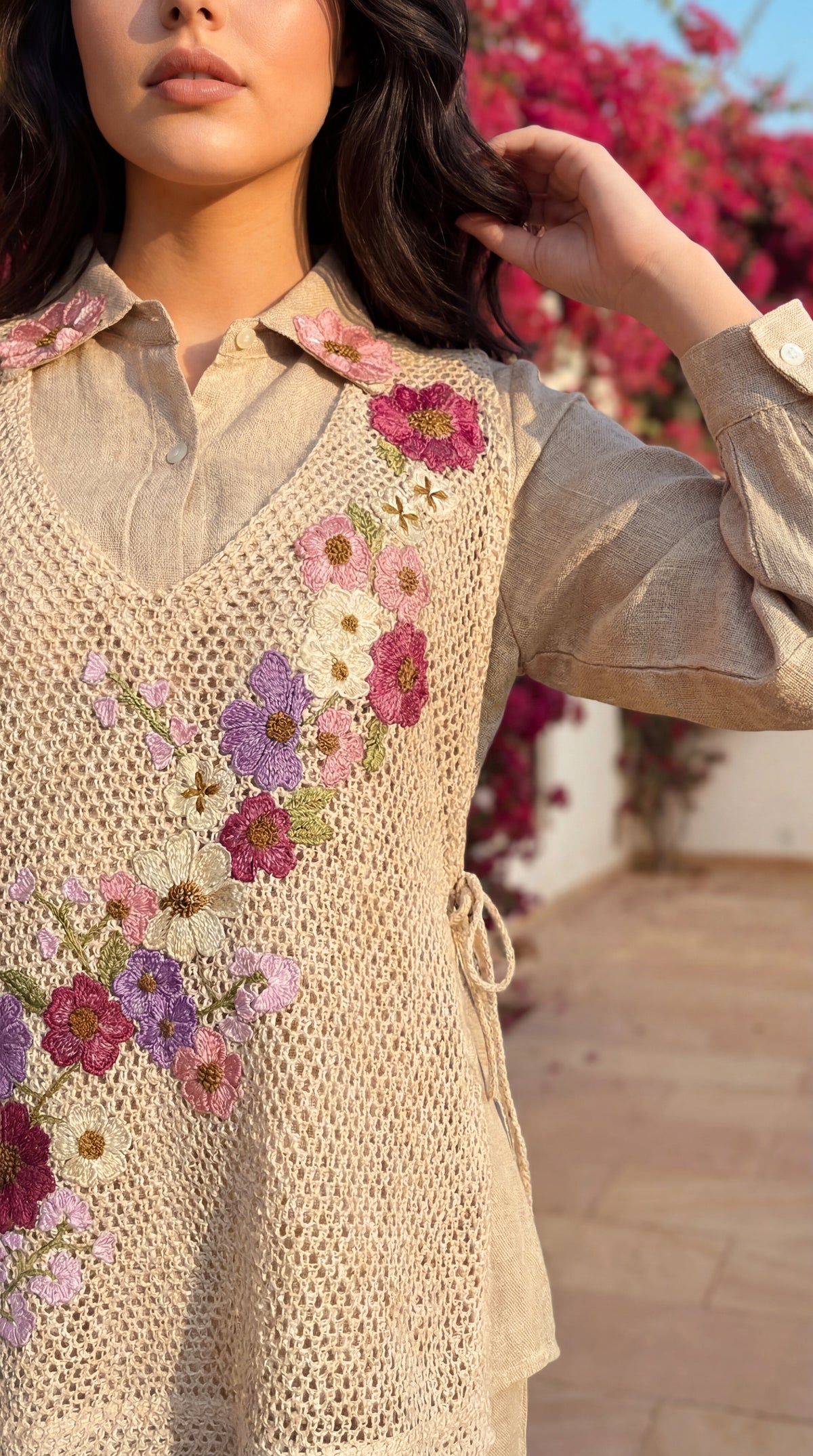SHEFALI FLOWER JUTE COTTON SHIRT WITH COVERUP 3 PIECE CO-ORD SET