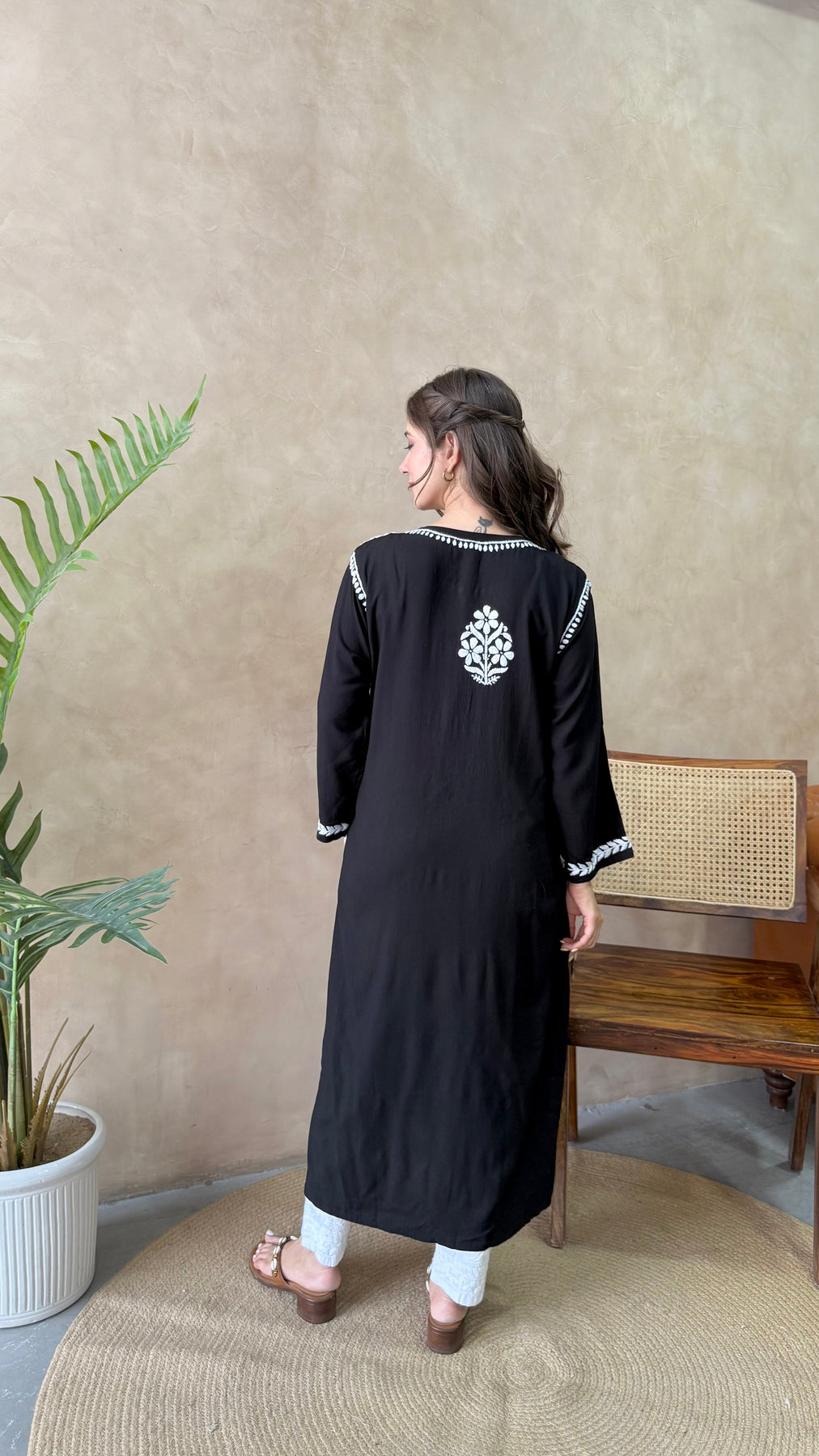 RANJHA BLACK PREMIUM RAYON CHIKANKARI LONG KURTA
