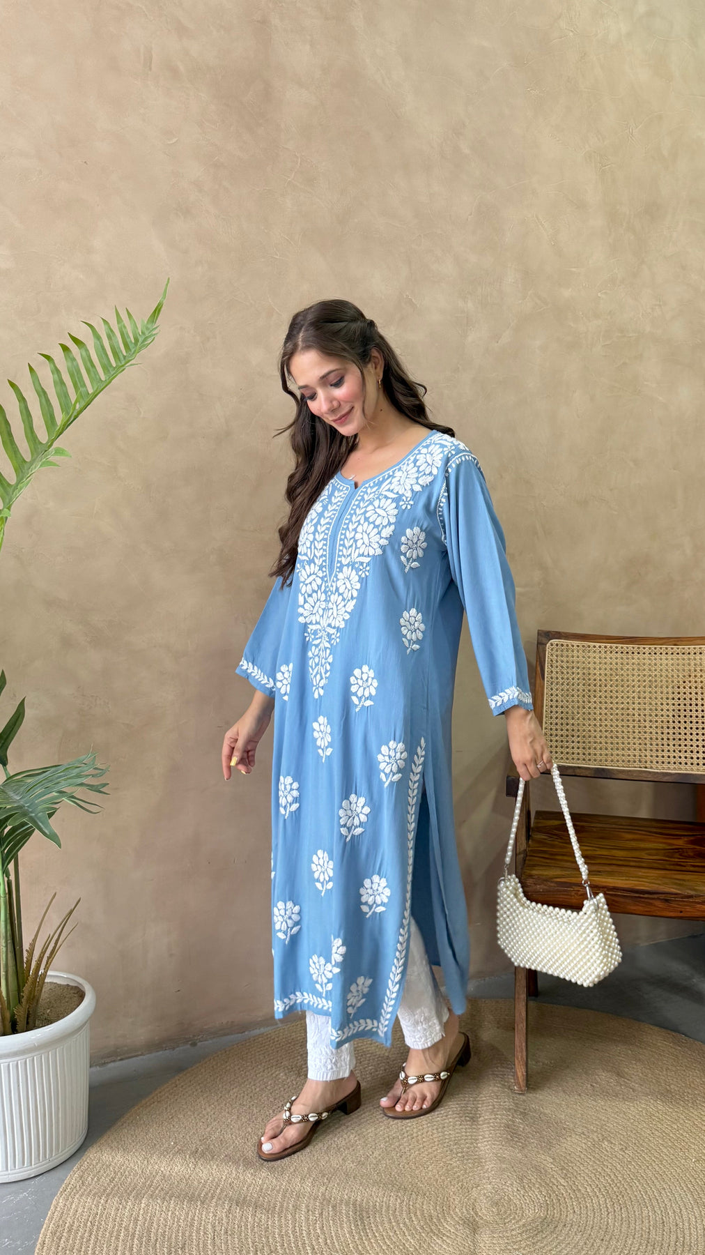 RANJHA POWDER BLUE PREMIUM RAYON CHIKANKARI LONG KURTA