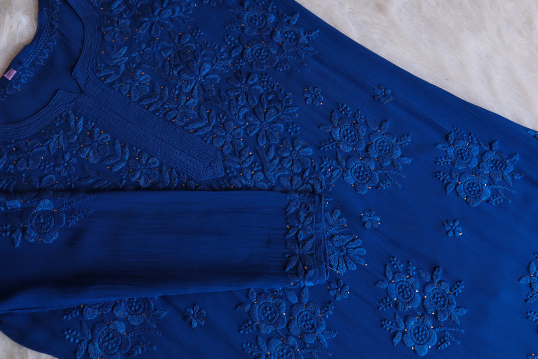 AAYA ROYAL BLUE PREMIUM VISCOSE GEORGETTE CHIKANKARI LONG KURTA