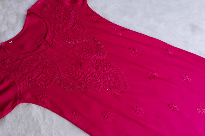NAIDA CHIKANKARI DEEP PINK RAYON MUKAISH STRAIGHT KURTA - Ethnic Naari