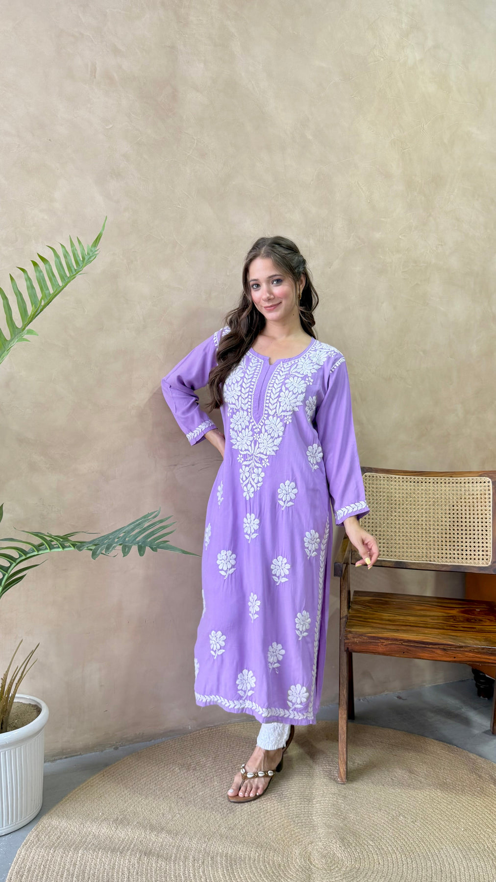 RANJHA LAVENDER PREMIUM RAYON CHIKANKARI LONG KURTA