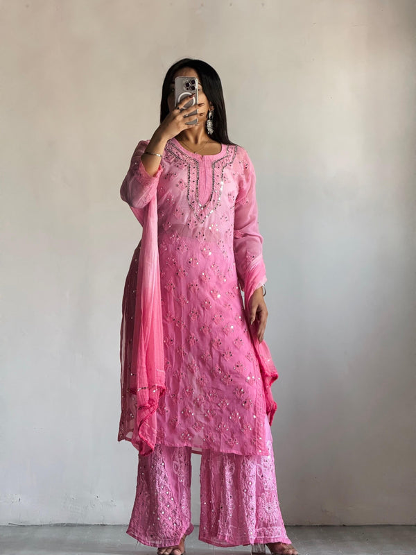 FANHA CHIKANKARI PINK 3 PIECE GEORGETTE MIRROR SET