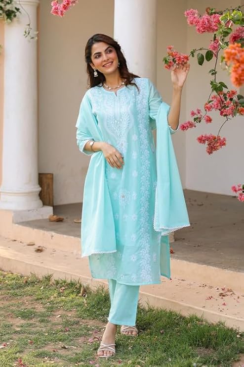 SARGAM AQUA PURE MUL COTTON CHIKANKARI SUIT SET