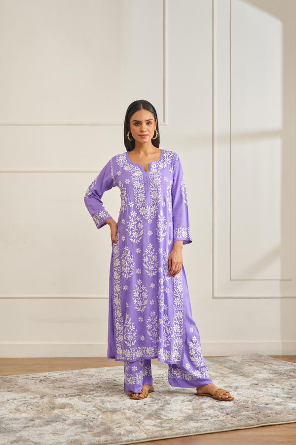 YUSRA LAVENDER MODAL CHIKANKARI KURTA PALAZZO SET