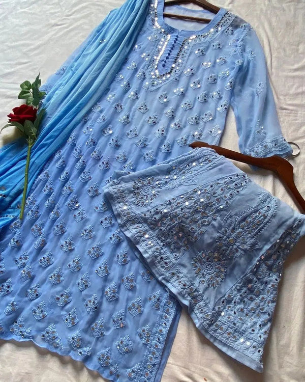 FANHA CHIKANKARI BLUE 3 PIECE GEORGETTE MIRROR SET