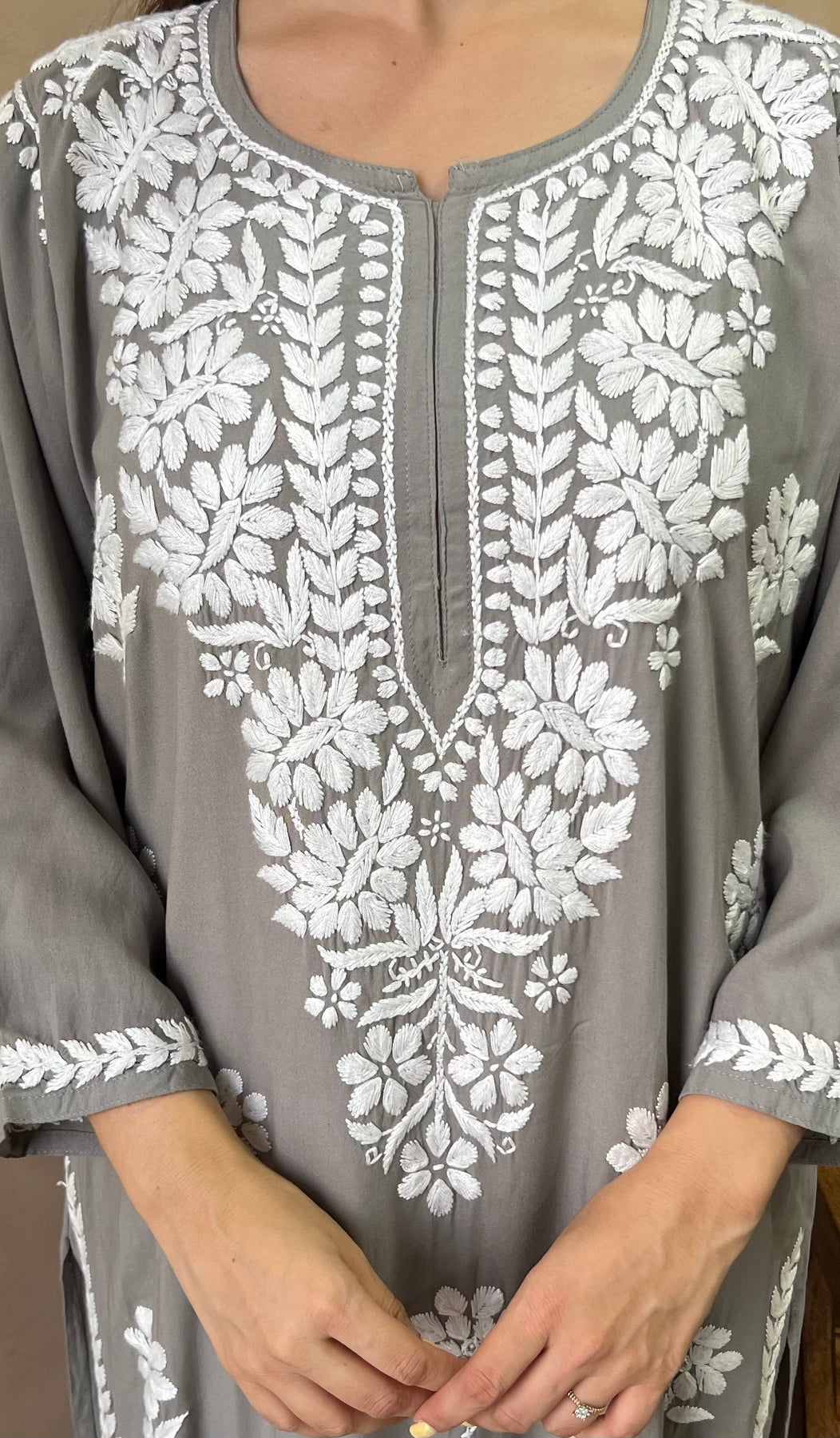 RANJHA GREY PREMIUM RAYON CHIKANKARI LONG KURTA