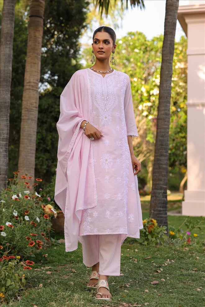 SARGAM PINK PURE MUL COTTON CHIKANKARI SUIT SET
