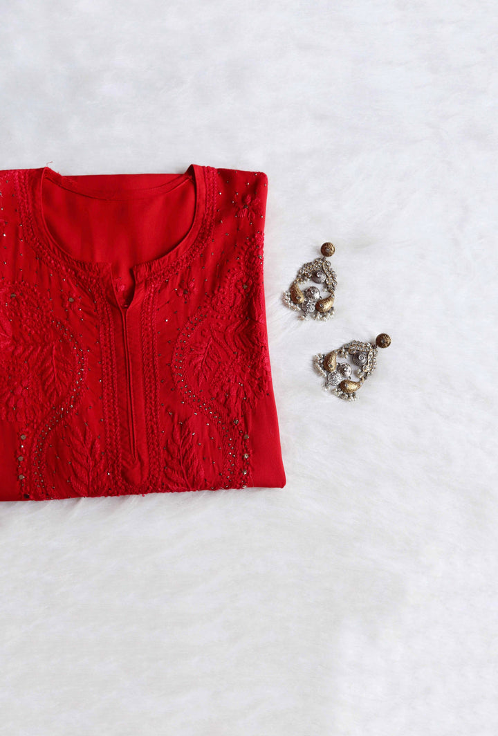 NAIDA CHIKANKARI RED RAYON MUKAISH STRAIGHT KURTA - Ethnic Naari