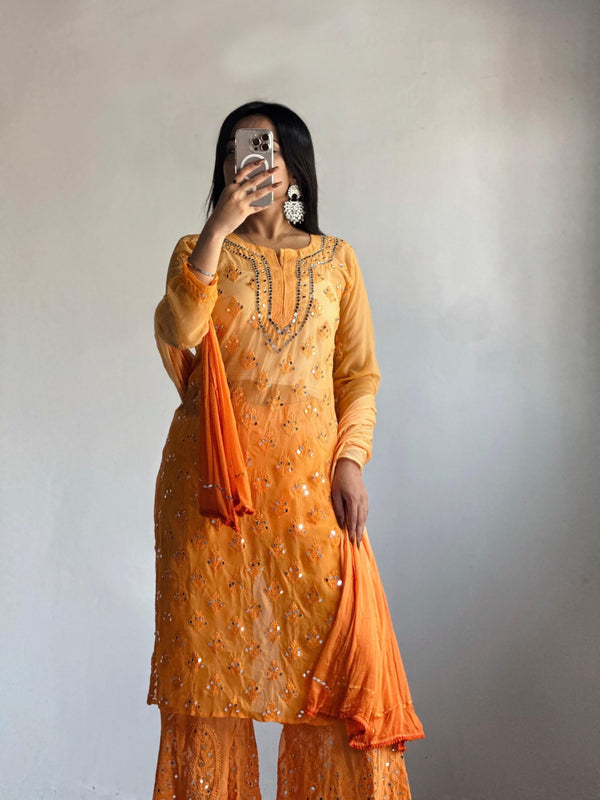 FANHA CHIKANKARI ORANGE 3 PIECE GEORGETTE MIRROR SET