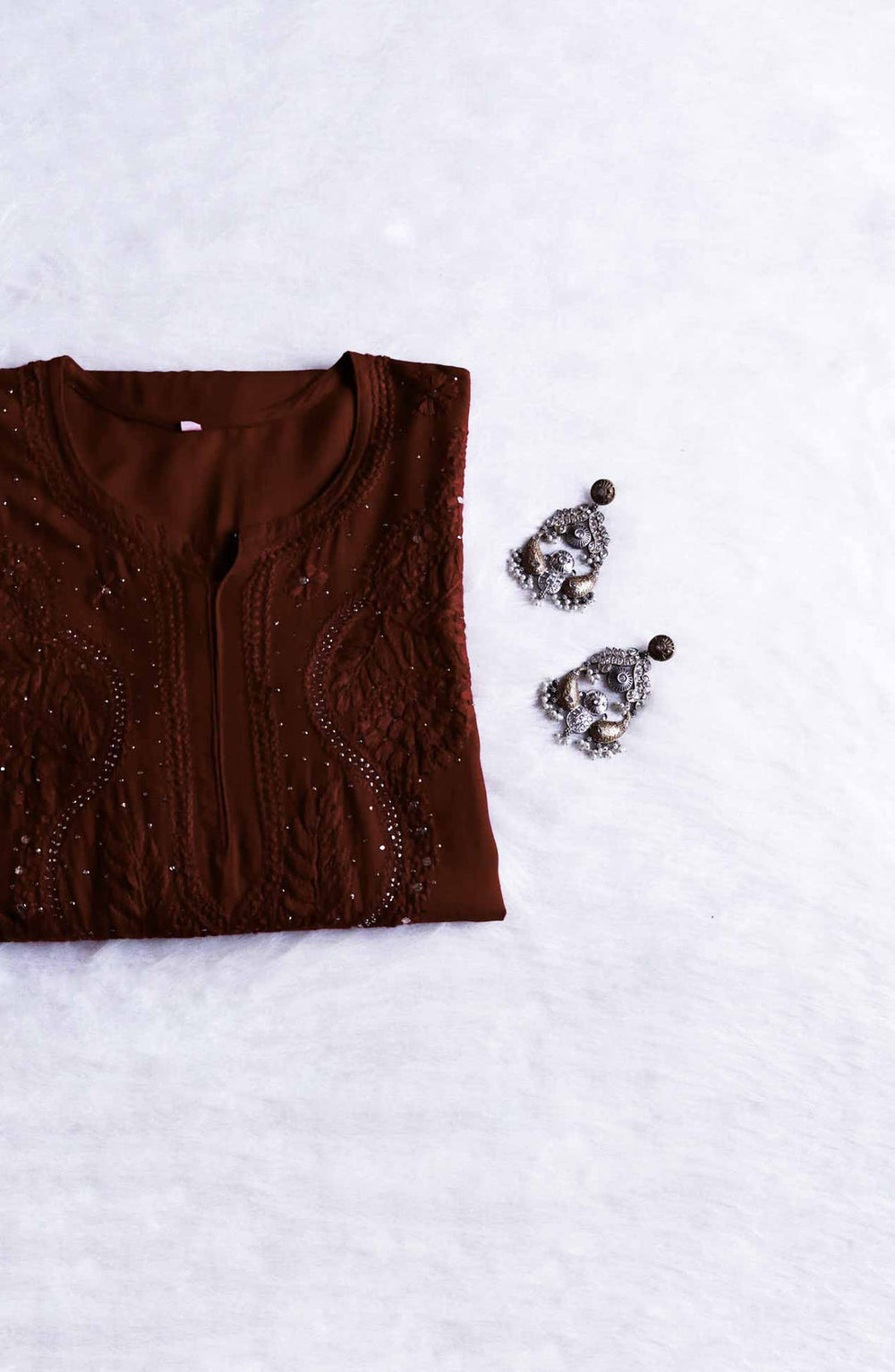 NAIDA CHIKANKARI CHOCOLATE BROWN RAYON MUKAISH LONG KURTA - Ethnic Naari