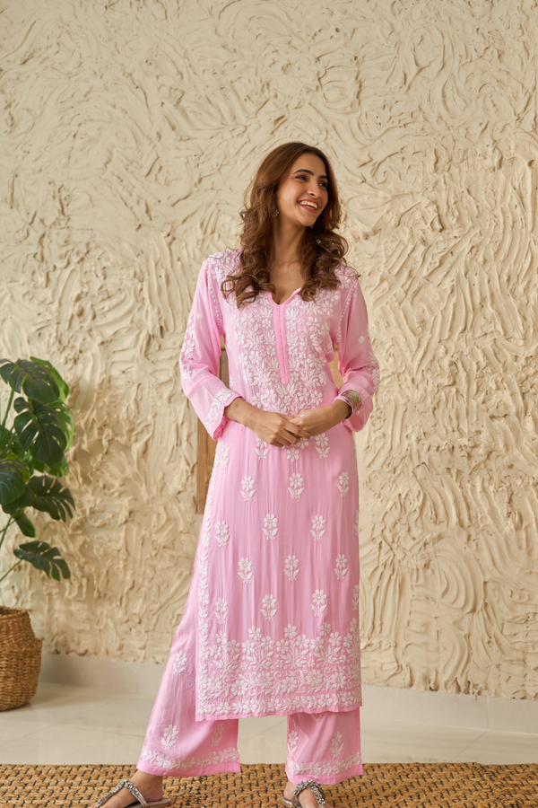 SHIZA BABY PINK MODAL CHIKANKARI KURTA PALAZZO SET