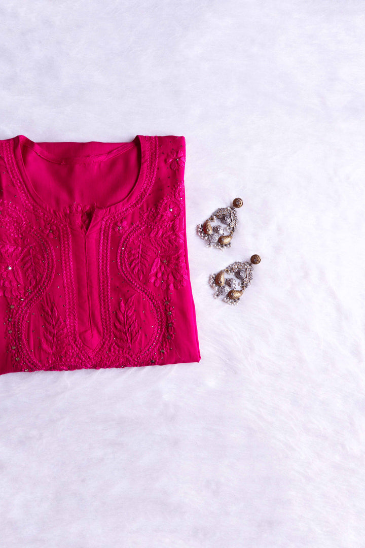 NAIDA CHIKANKARI DEEP PINK RAYON MUKAISH STRAIGHT KURTA - Ethnic Naari
