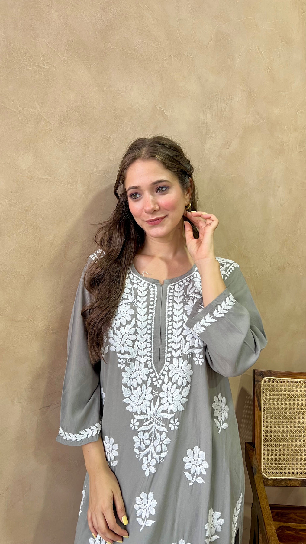 RANJHA GREY PREMIUM RAYON CHIKANKARI LONG KURTA