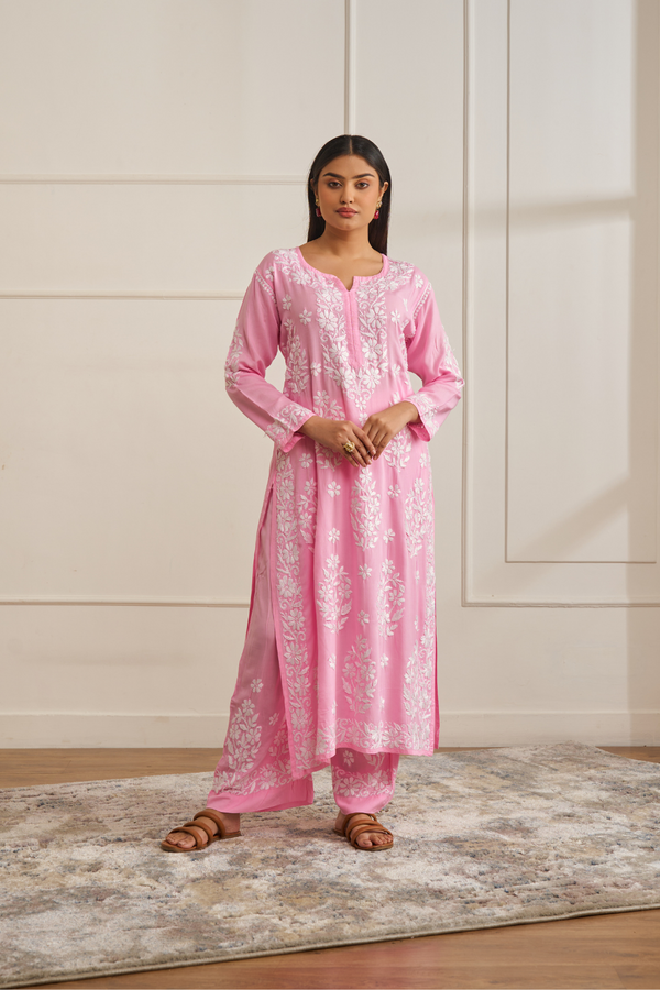 YUSRA BABY PINK MODAL CHIKANKARI KURTA PALAZZO SET