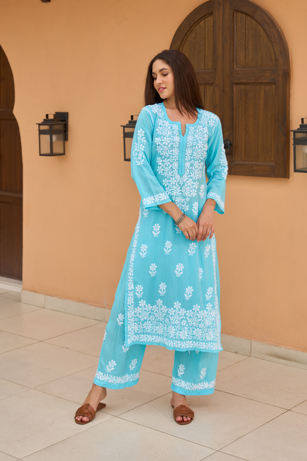 SHIZA SKY BLUE MODAL CHIKANKARI KURTA PALAZZO SET