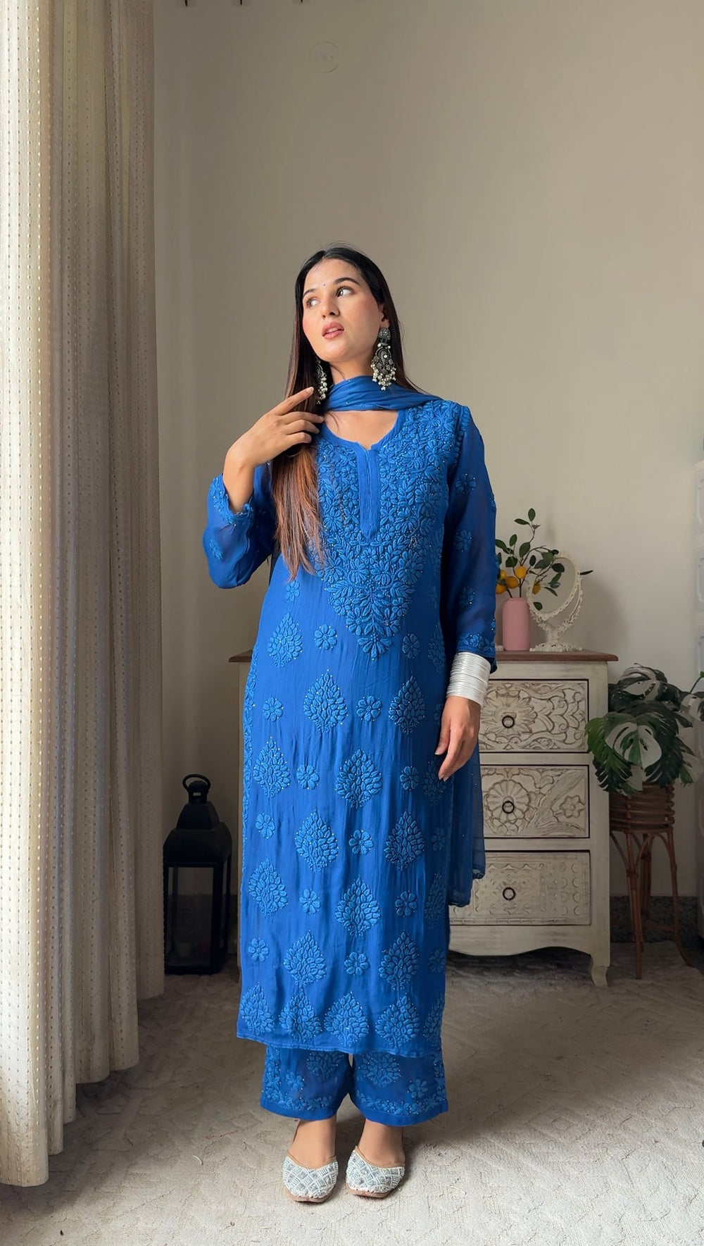 SWATI PREMIUM VISCOSE GEORGETTE 3D WORK BLUE STRAIGHT KURTA SET