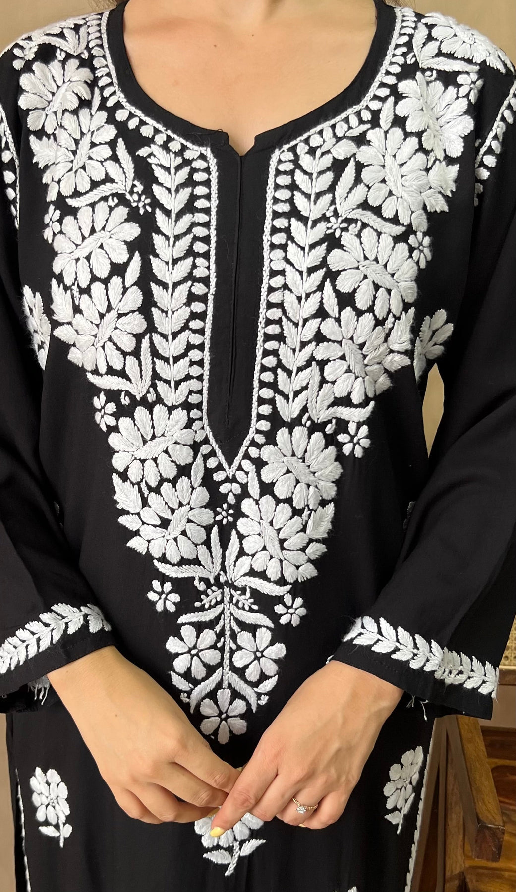 RANJHA BLACK PREMIUM RAYON CHIKANKARI LONG KURTA