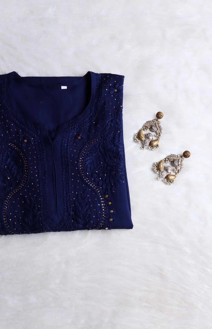 NAIDA CHIKANKARI NAVY BLUE RAYON MUKAISH LONG KURTA - Ethnic Naari