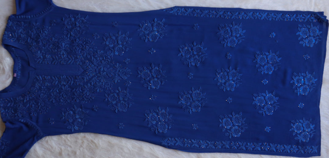 AAYA ROYAL BLUE PREMIUM VISCOSE GEORGETTE CHIKANKARI LONG KURTA