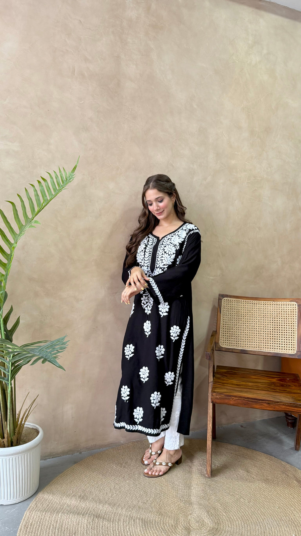 RANJHA BLACK PREMIUM RAYON CHIKANKARI LONG KURTA
