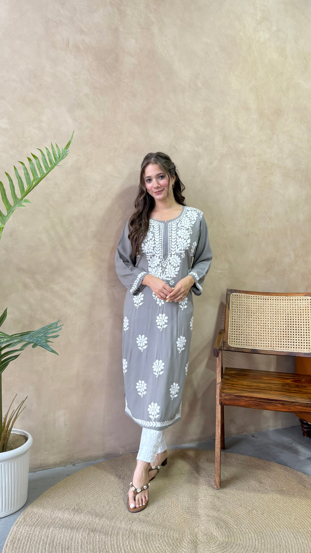 RANJHA GREY PREMIUM RAYON CHIKANKARI LONG KURTA