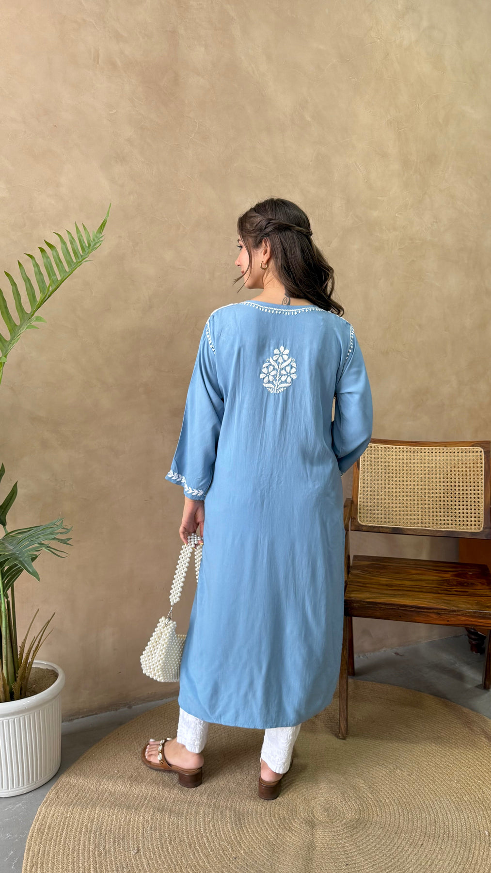 RANJHA POWDER BLUE PREMIUM RAYON CHIKANKARI LONG KURTA