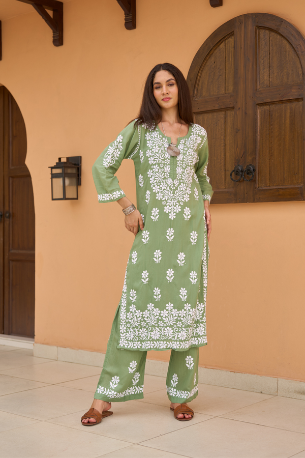 SHIZA SPANISH GREEN MODAL CHIKANKARI KURTA PALAZZO SET