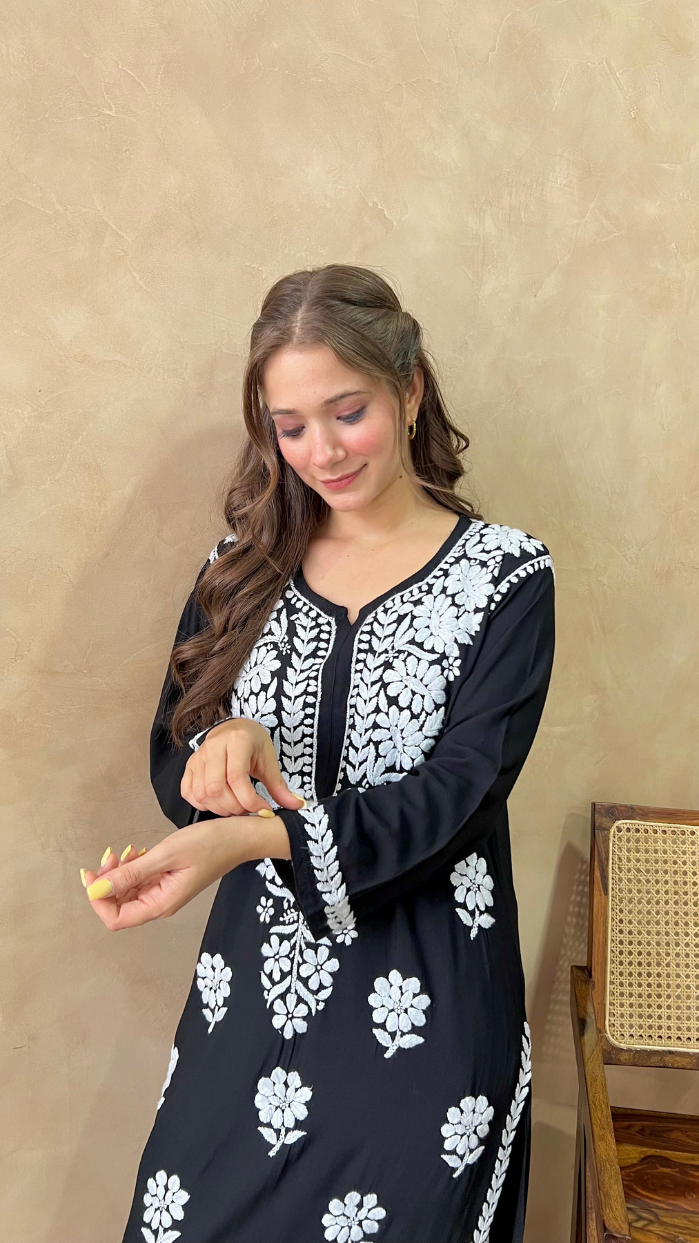 RANJHA BLACK PREMIUM RAYON CHIKANKARI LONG KURTA