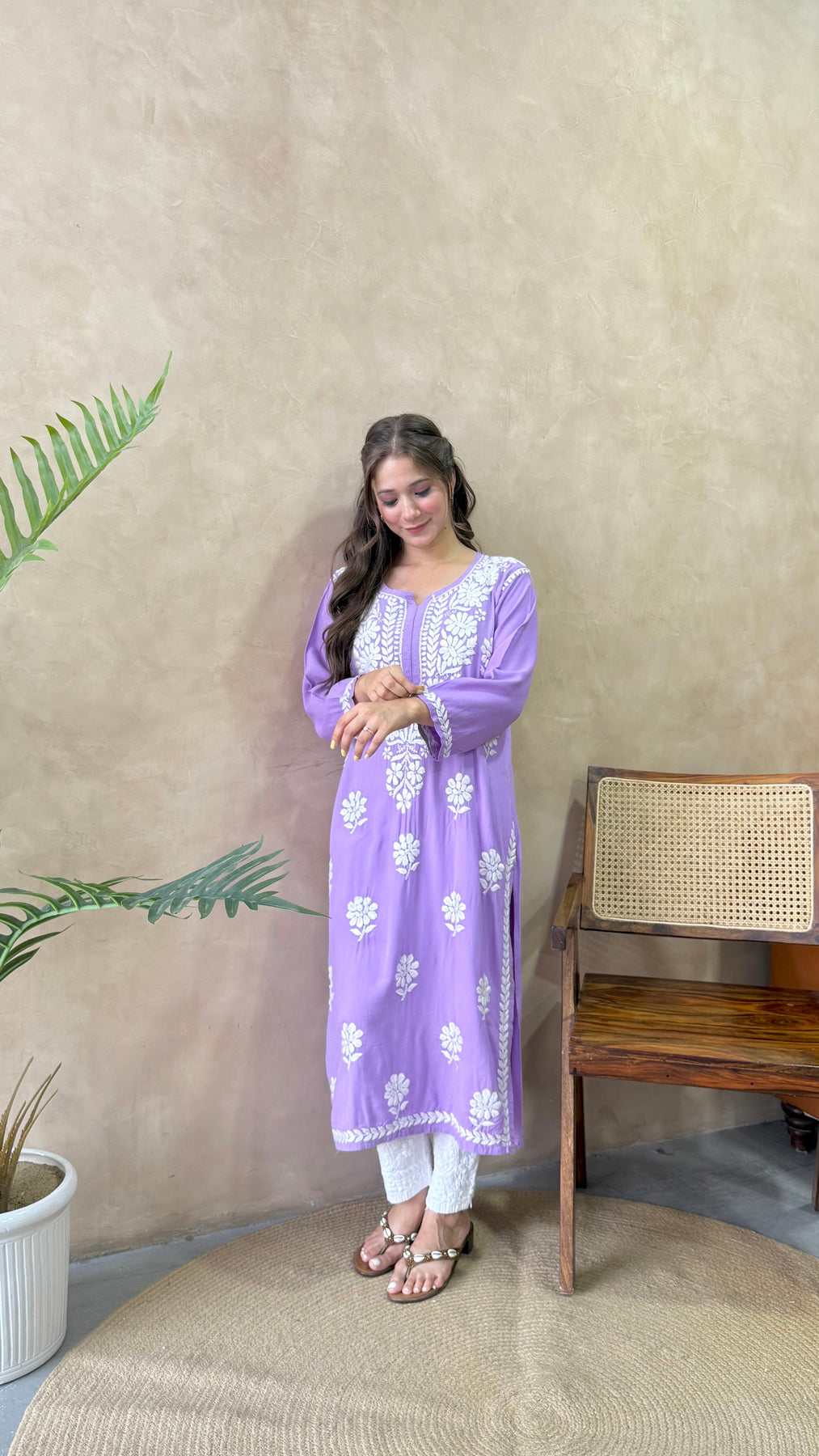 RANJHA LAVENDER PREMIUM RAYON CHIKANKARI LONG KURTA