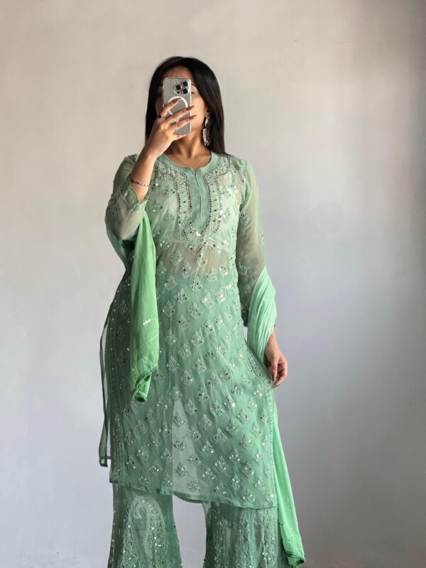 FANHA CHIKANKARI GREEN 3 PIECE GEORGETTE MIRROR SET