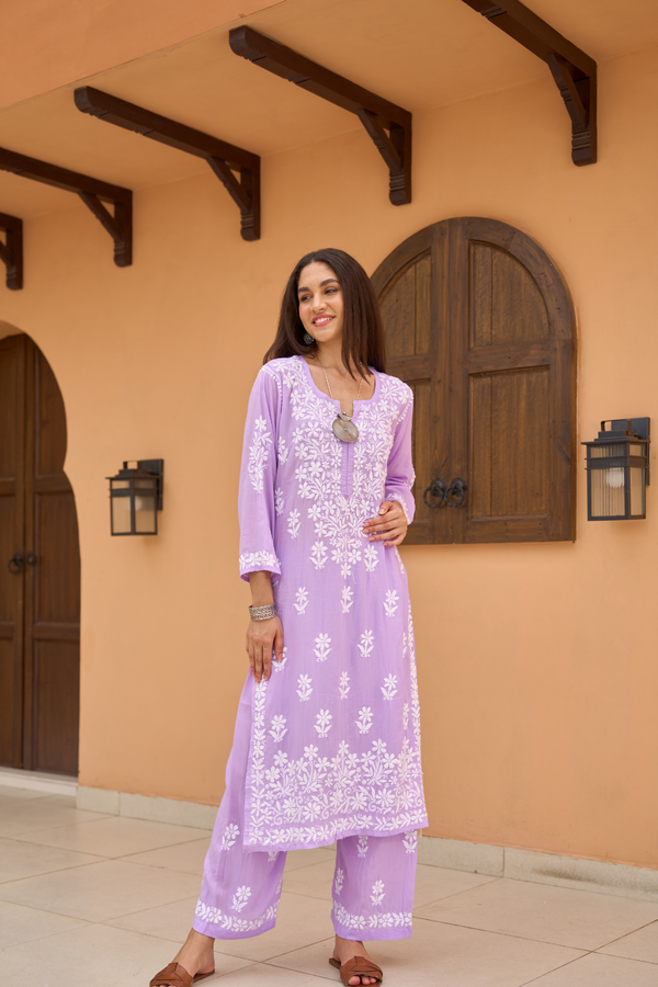 SHIZA LAVENDER MODAL CHIKANKARI KURTA PALAZZO SET