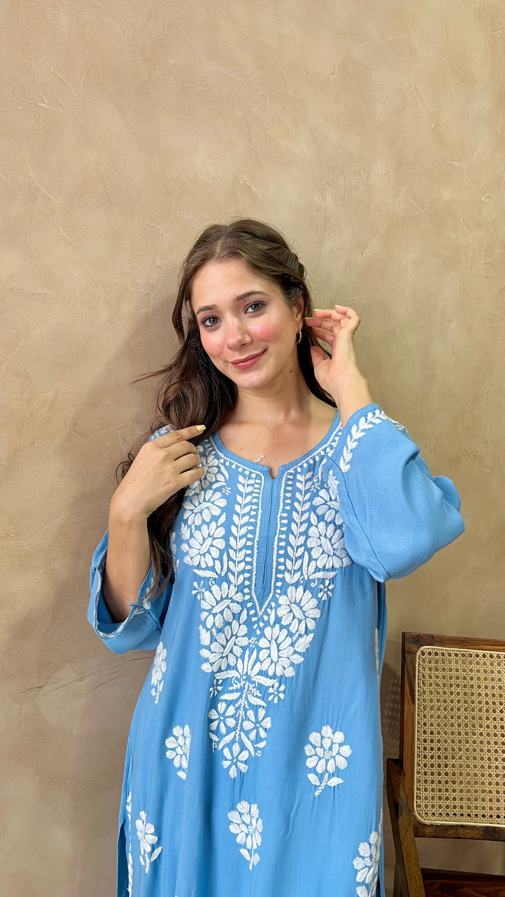 RANJHA POWDER BLUE PREMIUM RAYON CHIKANKARI LONG KURTA