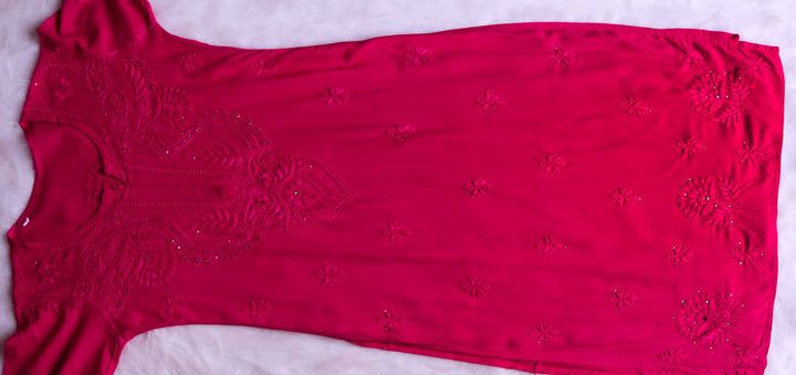 NAIDA CHIKANKARI DEEP PINK RAYON MUKAISH STRAIGHT KURTA - Ethnic Naari