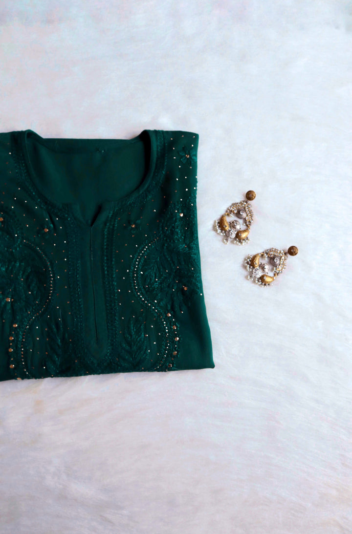 NAIDA CHIKANKARI BOTTLE GREEN RAYON MUKAISH STRAIGHT KURTA - Ethnic Naari