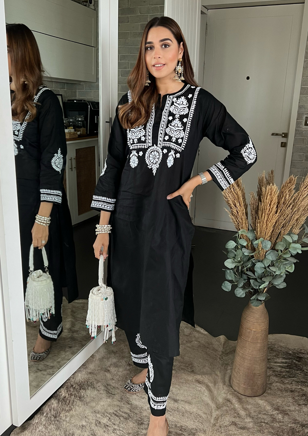BUSHRA BLACK COTTON CHIKANKARI KURTA SET