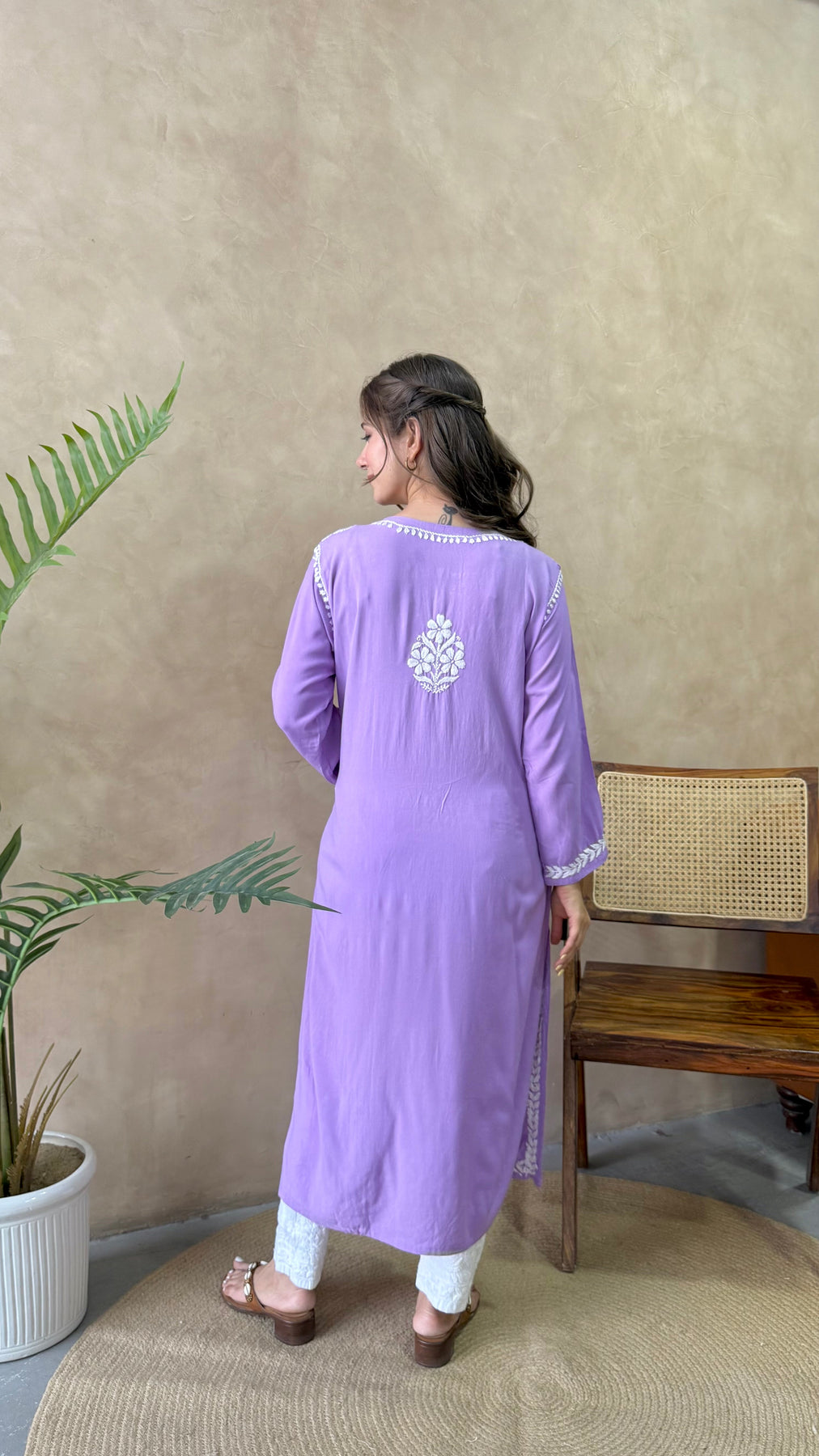 RANJHA LAVENDER PREMIUM RAYON CHIKANKARI LONG KURTA