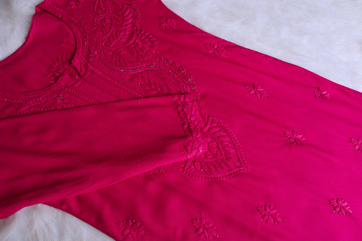 NAIDA CHIKANKARI DEEP PINK RAYON MUKAISH STRAIGHT KURTA - Ethnic Naari