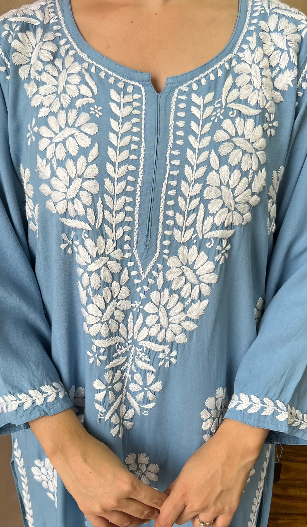 RANJHA POWDER BLUE PREMIUM RAYON CHIKANKARI LONG KURTA