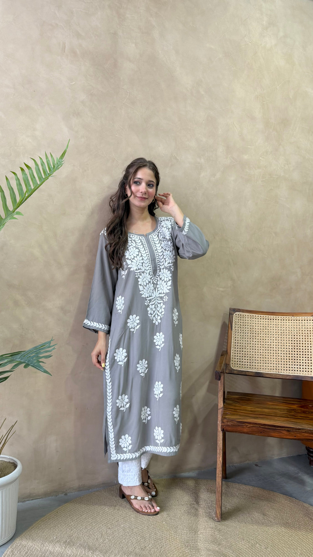 RANJHA GREY PREMIUM RAYON CHIKANKARI LONG KURTA