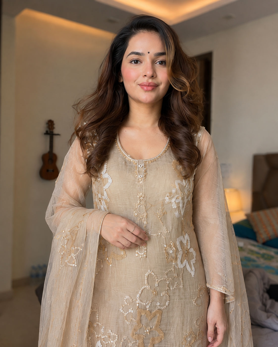 KIARA BEIGE PREMIUM CRUSH SALSA FABRIC HANDWORK SUIT
