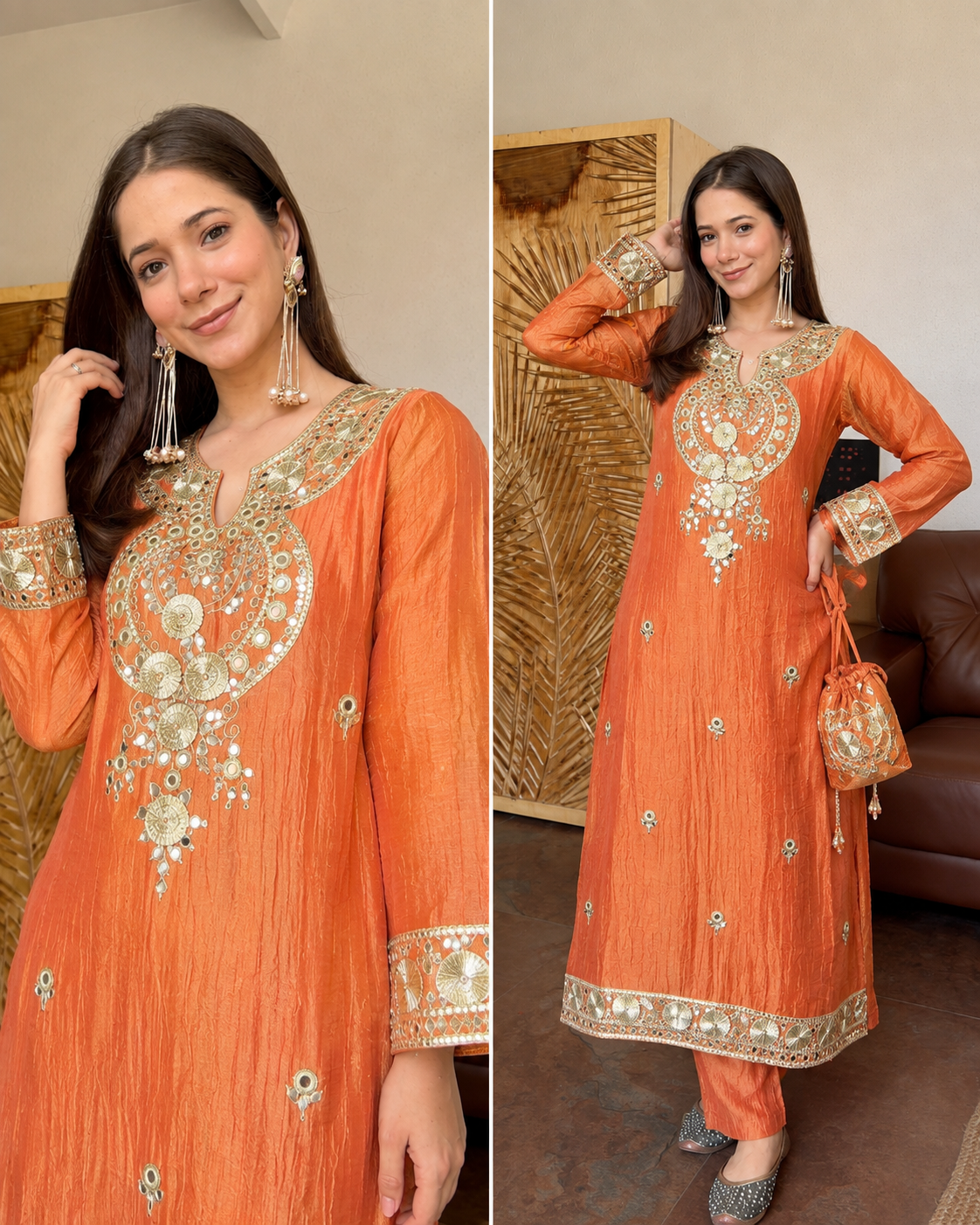 MALLIKA RUST ORANGE CRUSH SILK GOTTA DETAILING COORD SET WITH POTLI