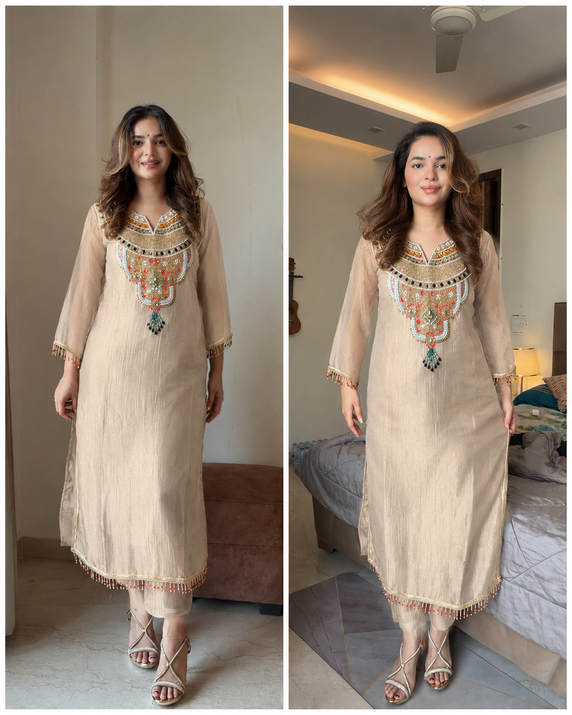 SAIRA BEIGE TISSUE SHIMMER HANDWORK LONG CO-ORD SET