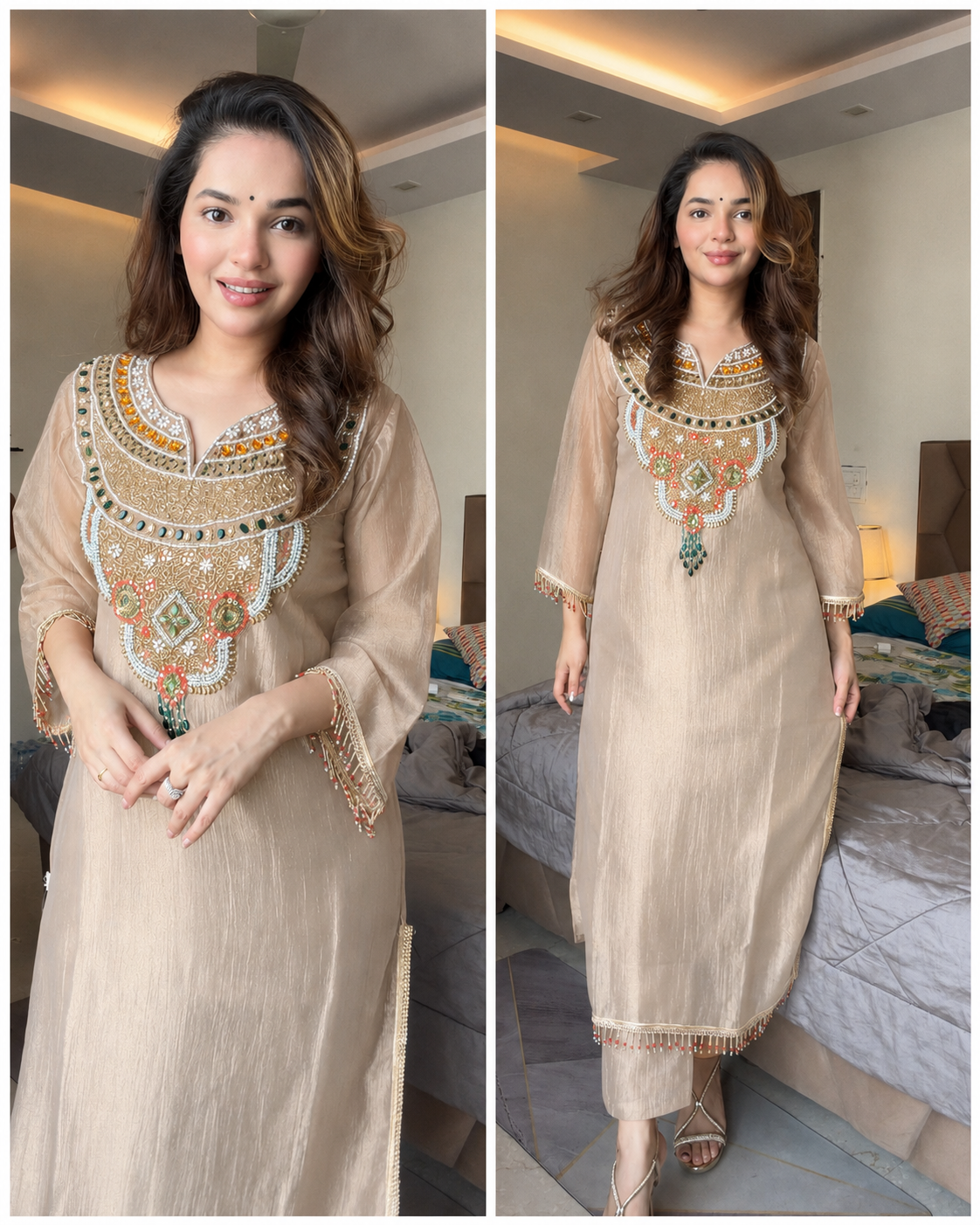 SAIRA BEIGE TISSUE SHIMMER HANDWORK LONG CO-ORD SET