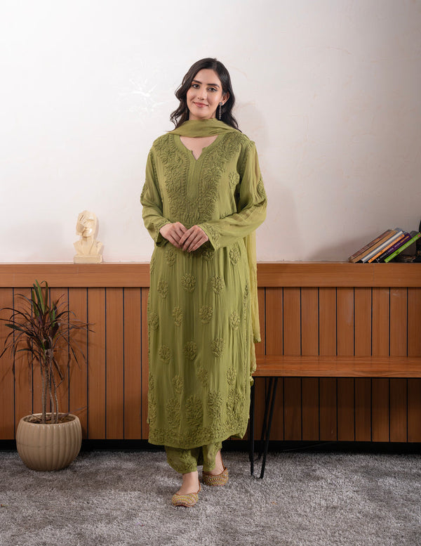 SWATI PREMIUM VISCOSE GEORGETTE 3D WORK OLIVE GREEN STRAIGHT KURTA SET